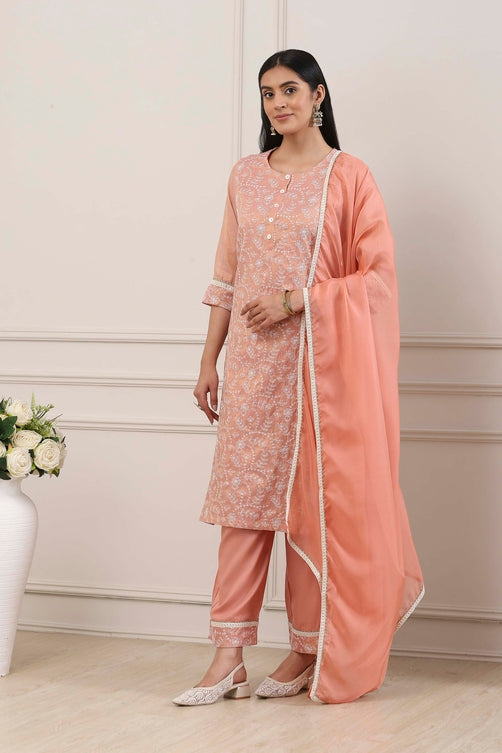 Peach Zari Cotton Thread Embroidered Straight Suit Set