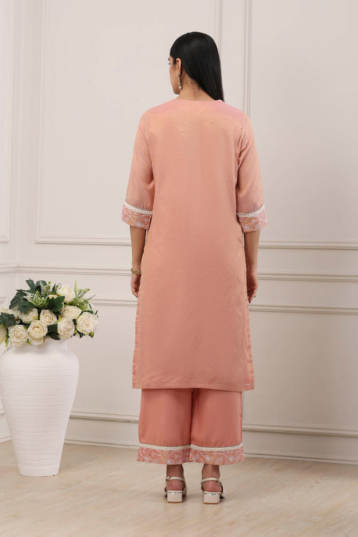 Peach Zari Cotton Thread Embroidered Straight Suit Set