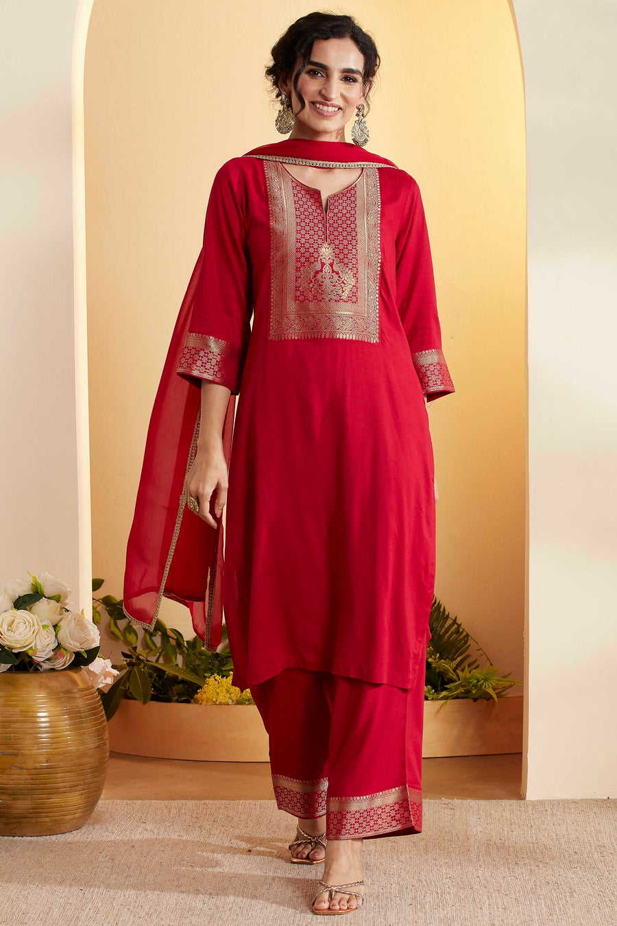 Red Viscose Rayon Yoke Design Straight Kurta Set