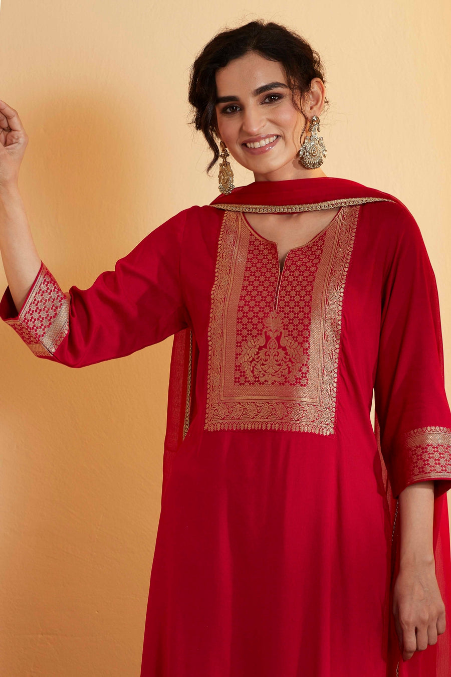 Red Viscose Rayon Yoke Design Straight Kurta Set