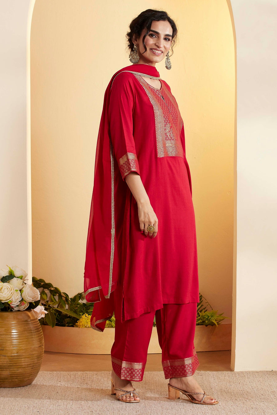 Red Viscose Rayon Yoke Design Straight Kurta Set