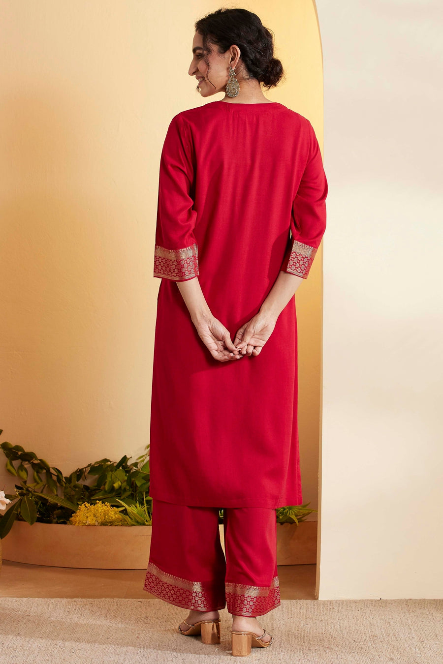 Red Viscose Rayon Yoke Design Straight Kurta Set