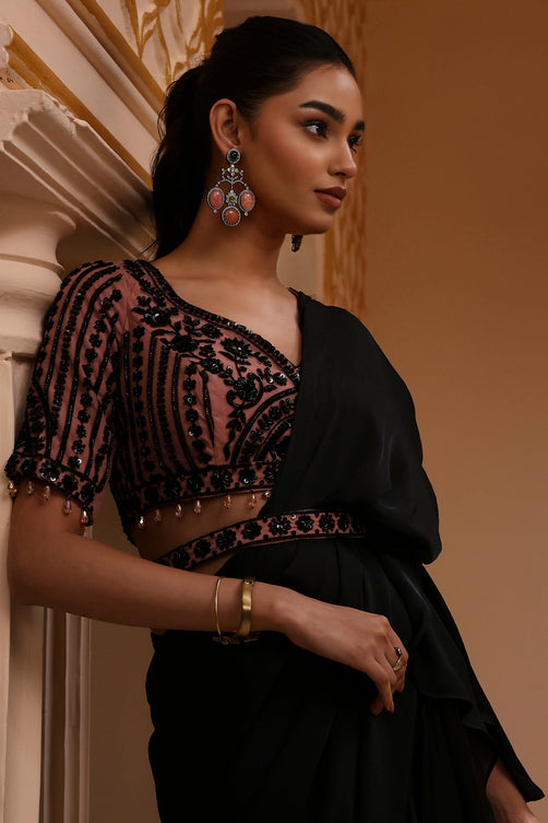 Black Modal Satin Pre-Draped Saree