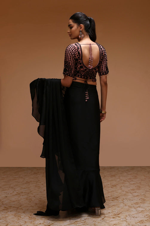 Black Modal Satin Pre-Draped Saree