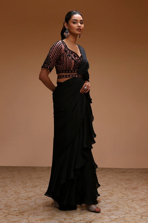 Black Modal Satin Pre-Draped Saree