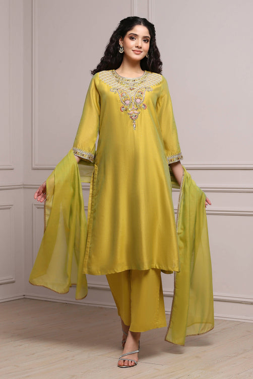 Lime Green Silk Chanderi Embroidered Dyed Straight Suit Set