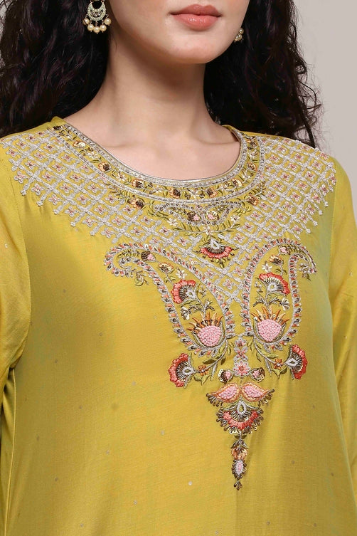 Lime Green Silk Chanderi Embroidered Dyed Straight Suit Set
