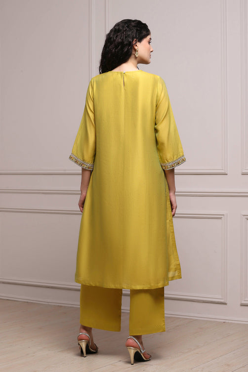 Lime Green Silk Chanderi Embroidered Dyed Straight Suit Set