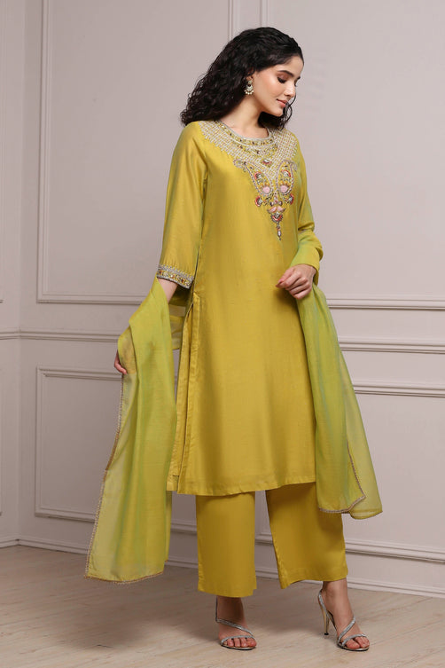 Lime Green Silk Chanderi Embroidered Dyed Straight Suit Set