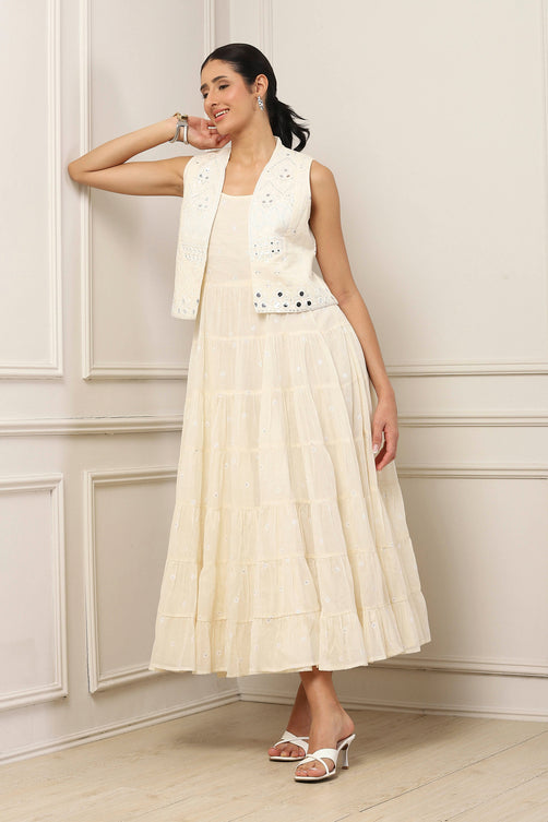 Ecru Cotton Embroidered Tiered Dress With Jacket