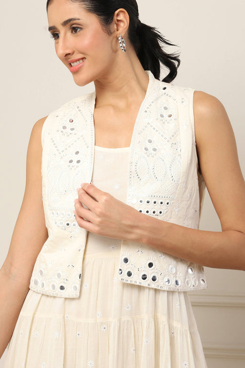Ecru Cotton Embroidered Tiered Dress With Jacket