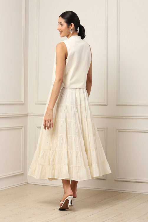 Ecru Cotton Embroidered Tiered Dress With Jacket