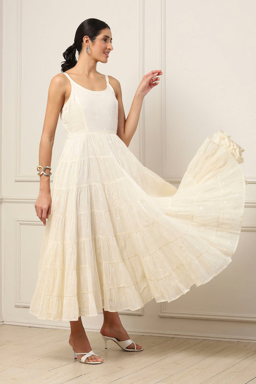 Ecru Cotton Embroidered Tiered Dress With Jacket