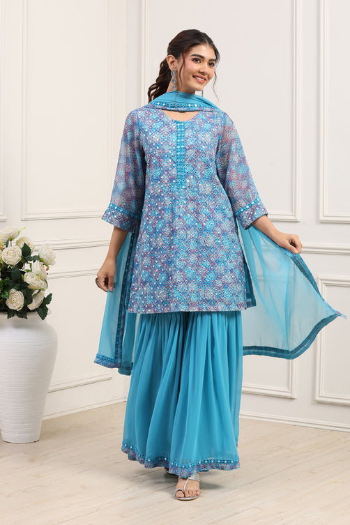 Turquoise Polyester Straight Suit Set