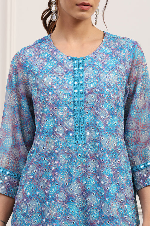 Turquoise Polyester Straight Suit Set