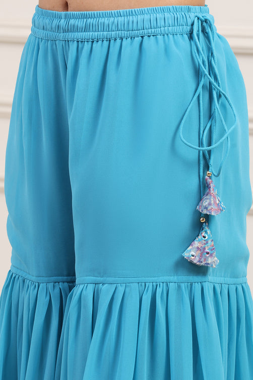 Turquoise Polyester Straight Suit Set