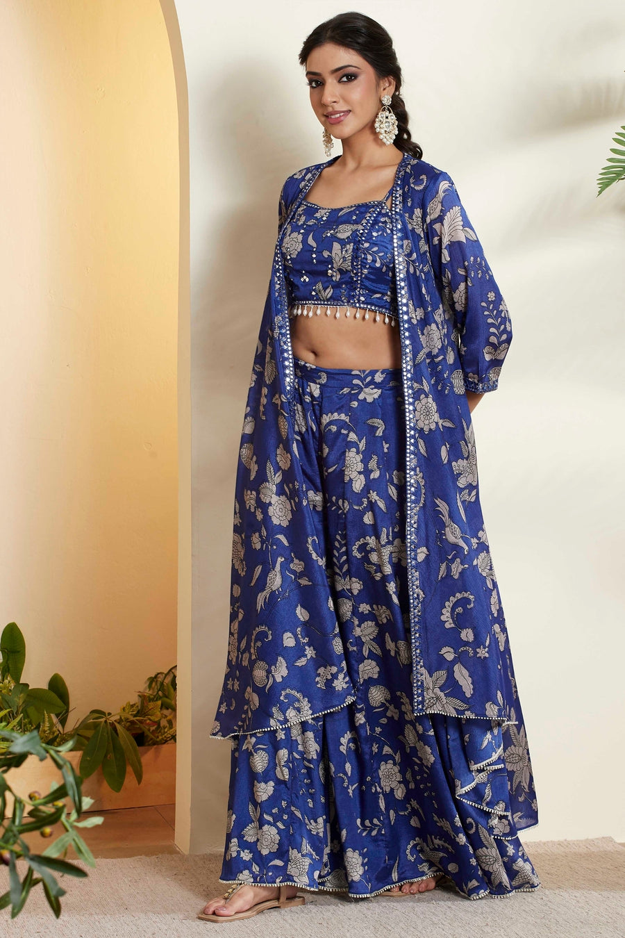 Royal blue Indo-western crop top, palazzo and cape set by BIBA, image 1 of 4