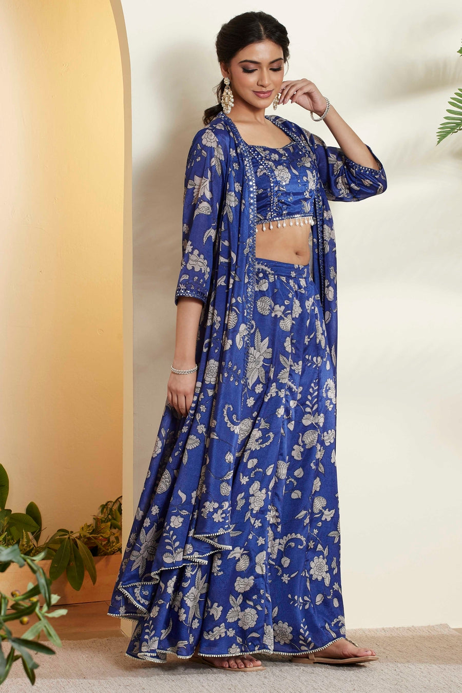 Royal blue Indo-western crop top, palazzo and cape set by BIBA, image 2 of 4