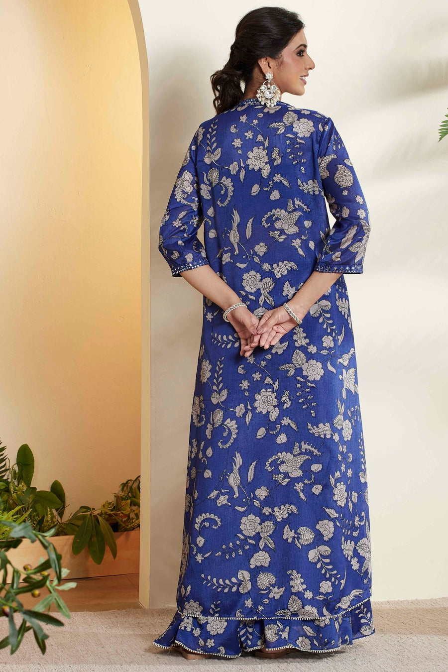 Royal blue Indo-western crop top, palazzo and cape set by BIBA, image 3 of 4