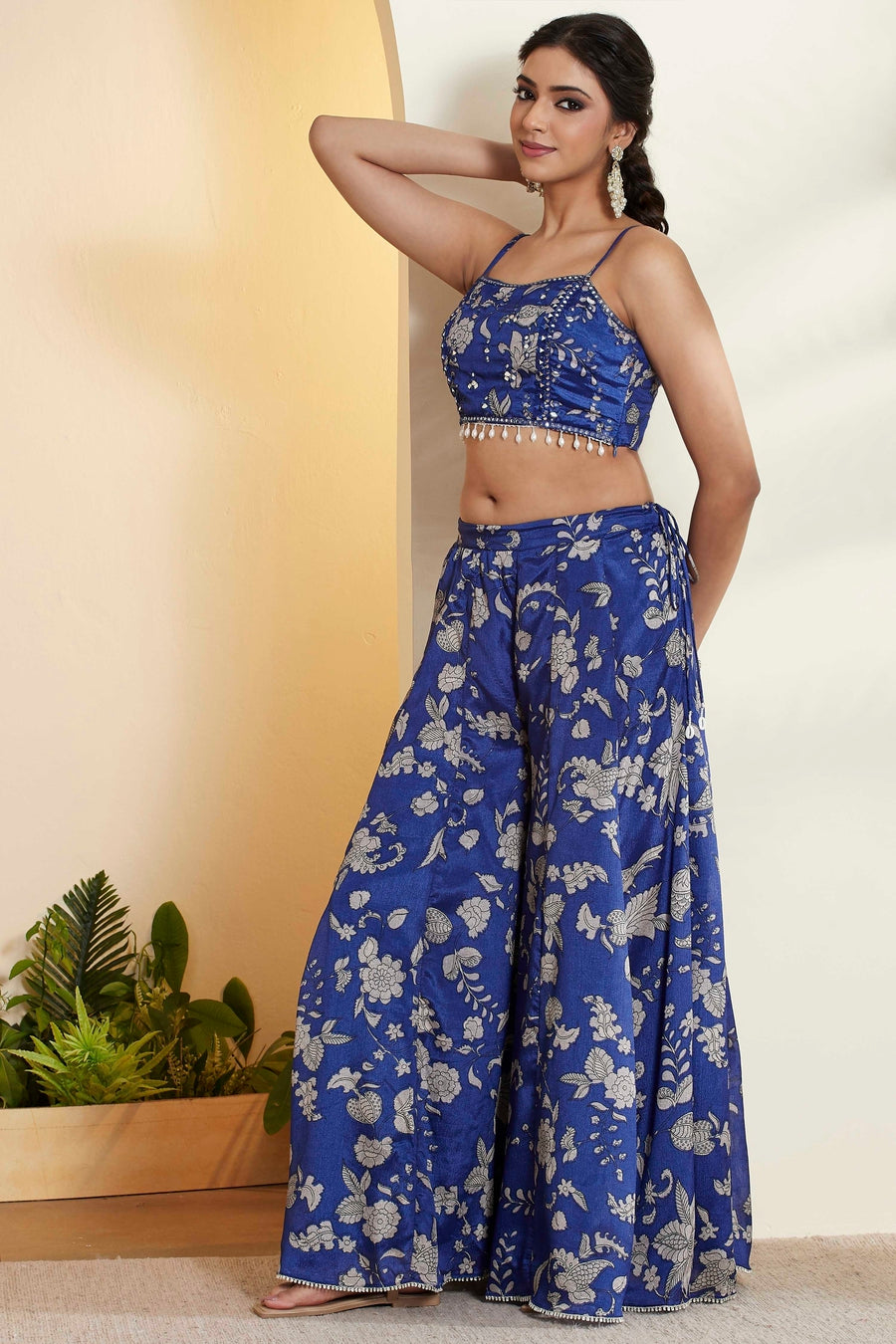 Royal blue Indo-western crop top, palazzo and cape set by BIBA, image 4 of 4