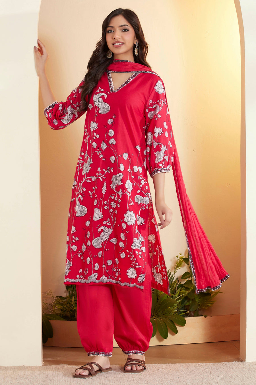 Fuchsia floral kurta set with Patiala pants and dupatta by BIBA, image 1 of 3