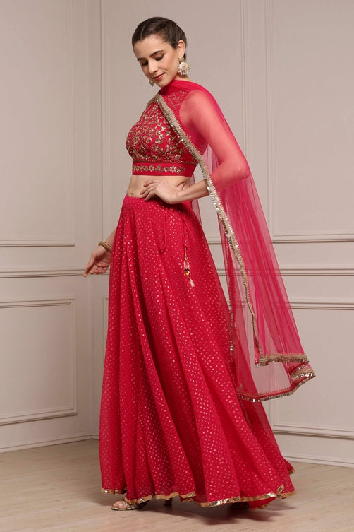 Fuchsia Polyester Printed Lehenga Set