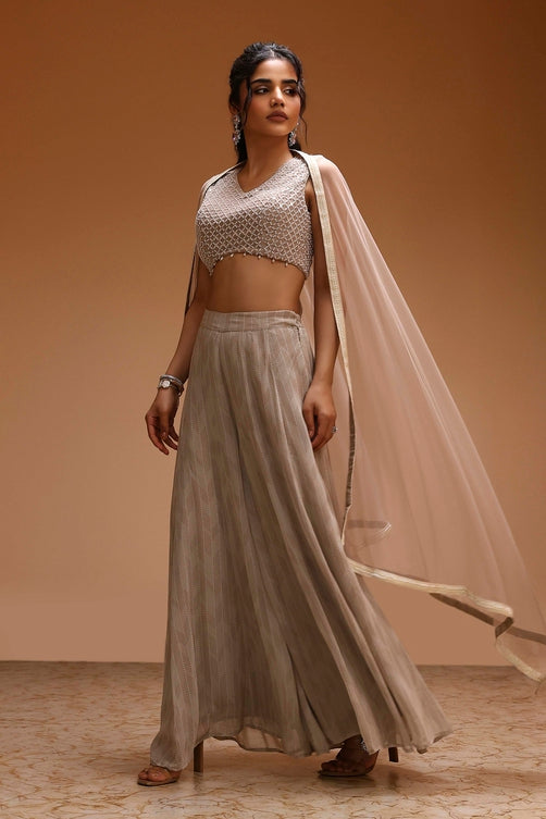 Beige Viscose Georgette Fusion Sharara Set