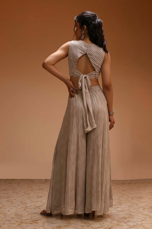 Beige Viscose Georgette Fusion Sharara Set