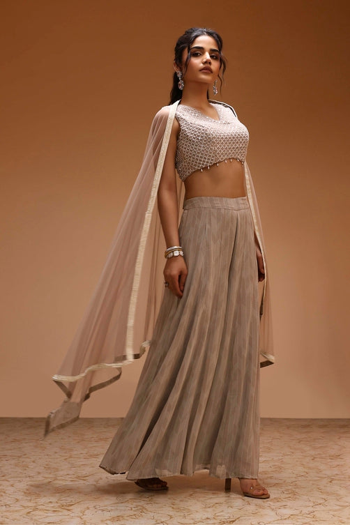 Beige Viscose Georgette Fusion Sharara Set