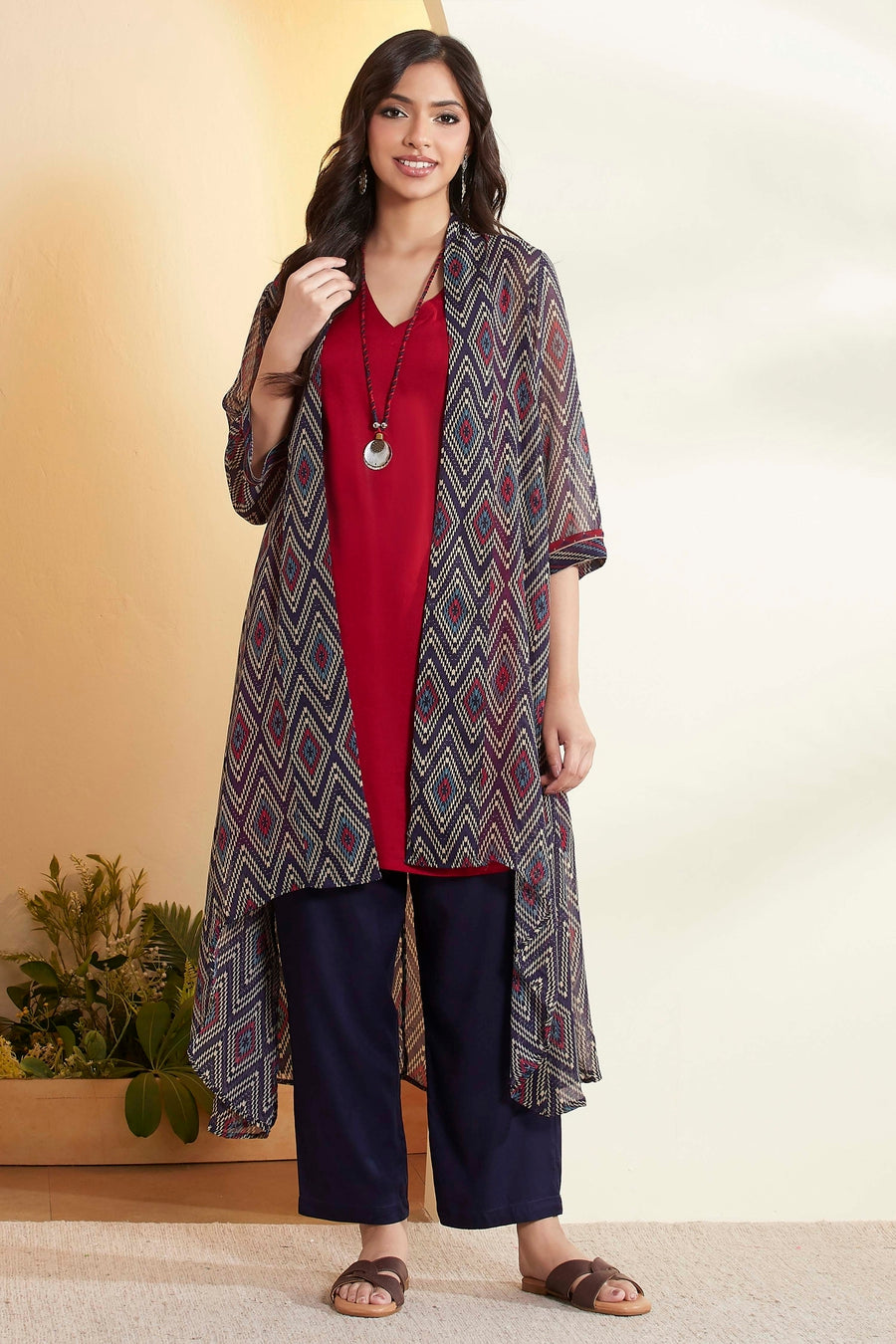Blue & Red Straight Fusion Set With Necklace