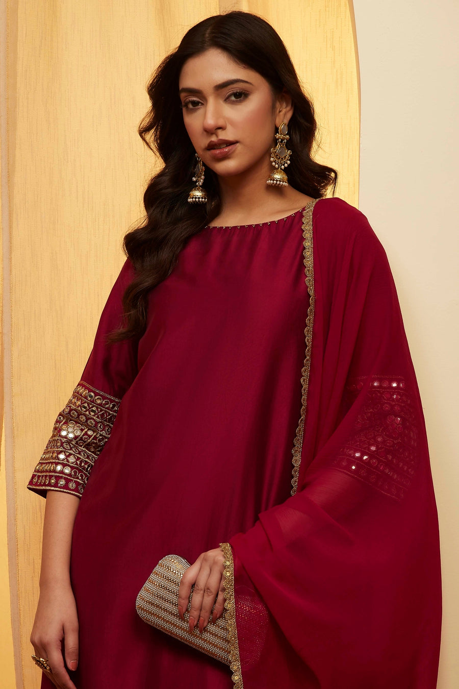 Wine Solid Straight Viscose Blend Kurta Set