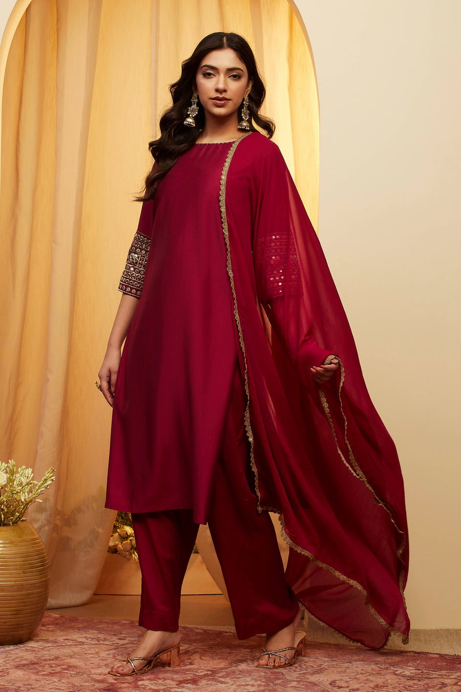Wine Solid Straight Viscose Blend Kurta Set