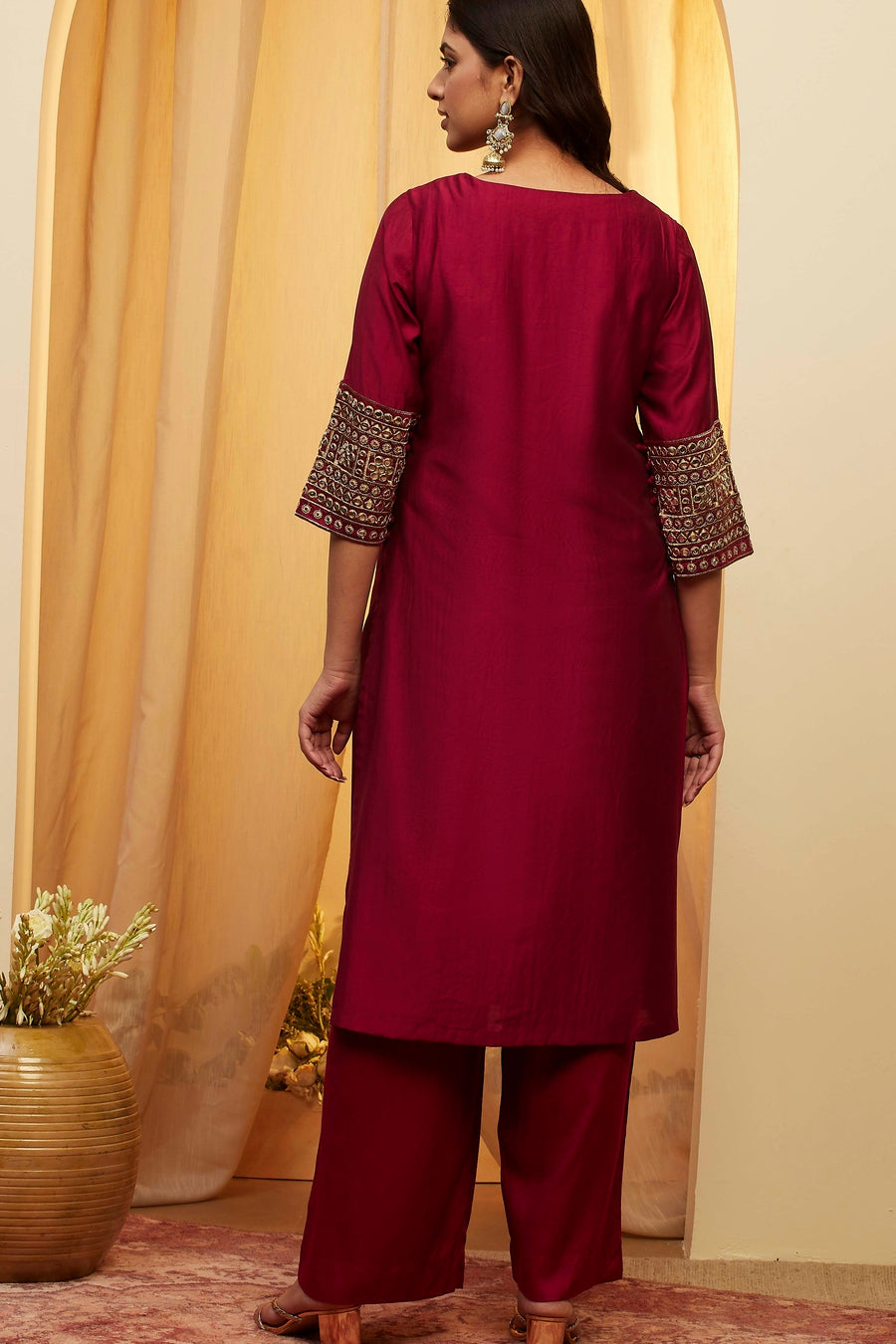 Wine Solid Straight Viscose Blend Kurta Set