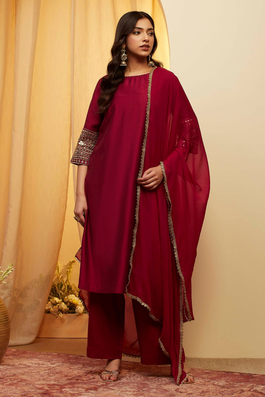 Wine Solid Straight Viscose Blend Kurta Set