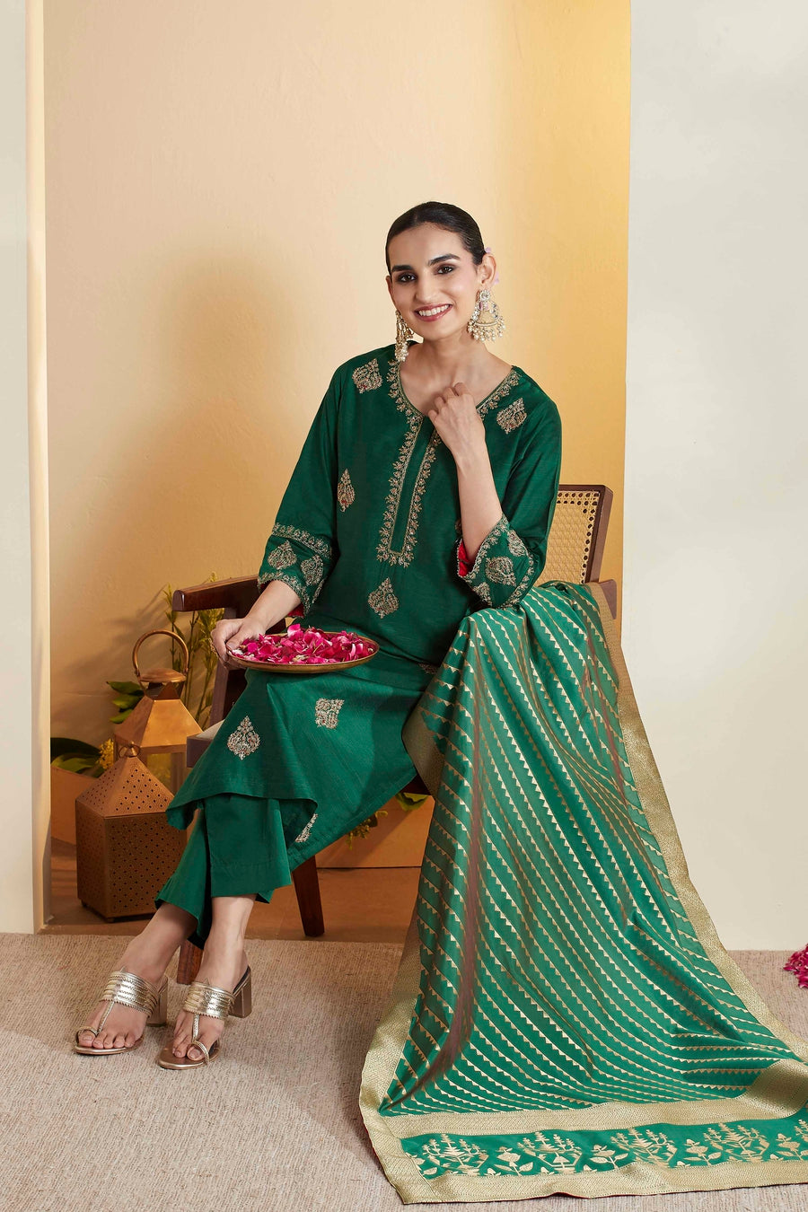 Green & Gold Embroidered Suit Set