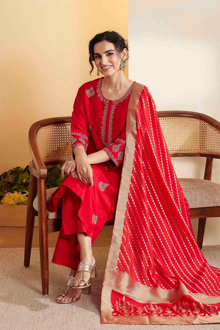 Red & Gold Embroidered Kurta Set