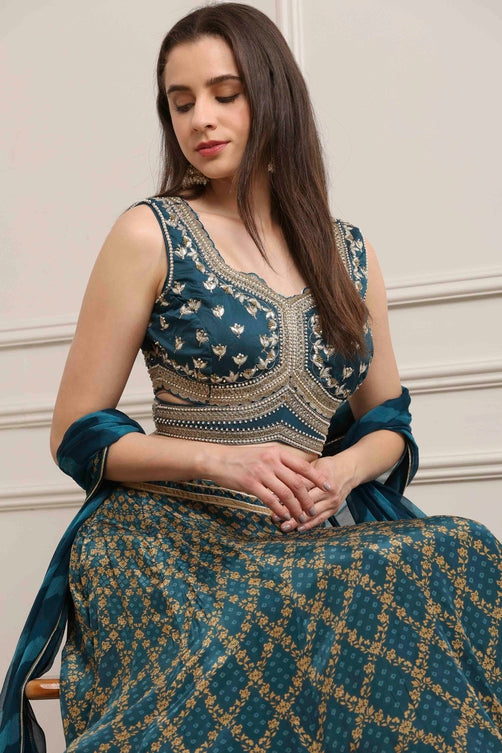 Teal Cotton Blend Dyed Lehenga Set