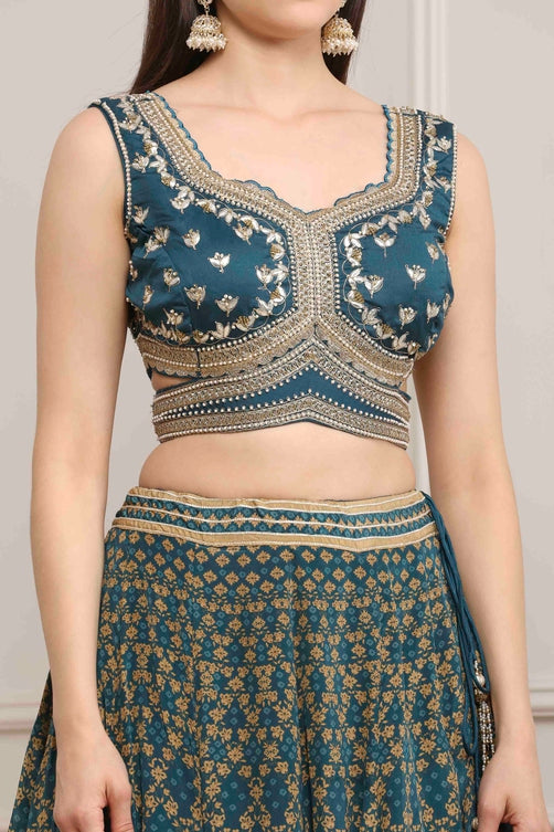 Teal Cotton Blend Dyed Lehenga Set