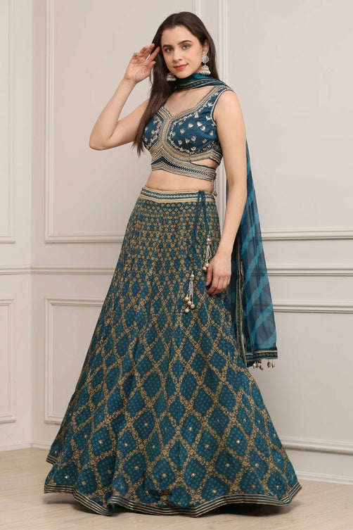Teal Cotton Blend Dyed Lehenga Set