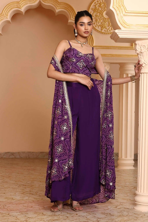 Purple Pure Chinnon Bandhani Printed Fusion Set