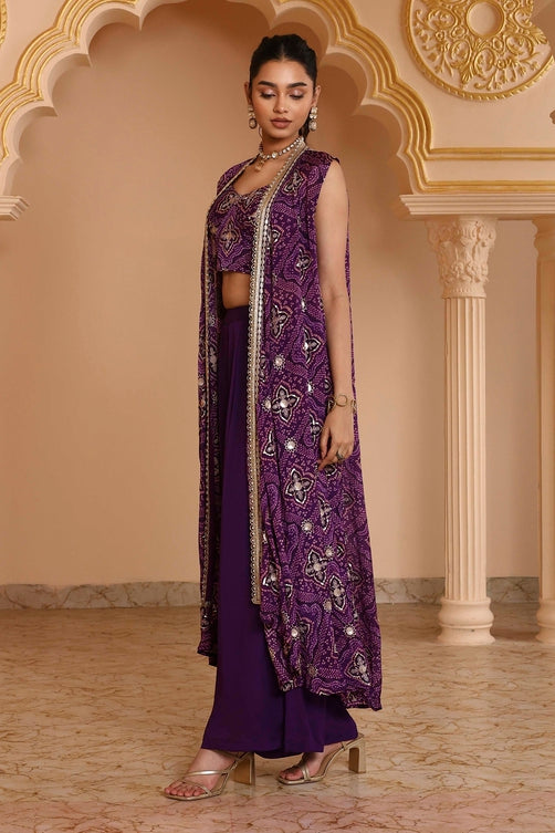 Purple Pure Chinnon Bandhani Printed Fusion Set