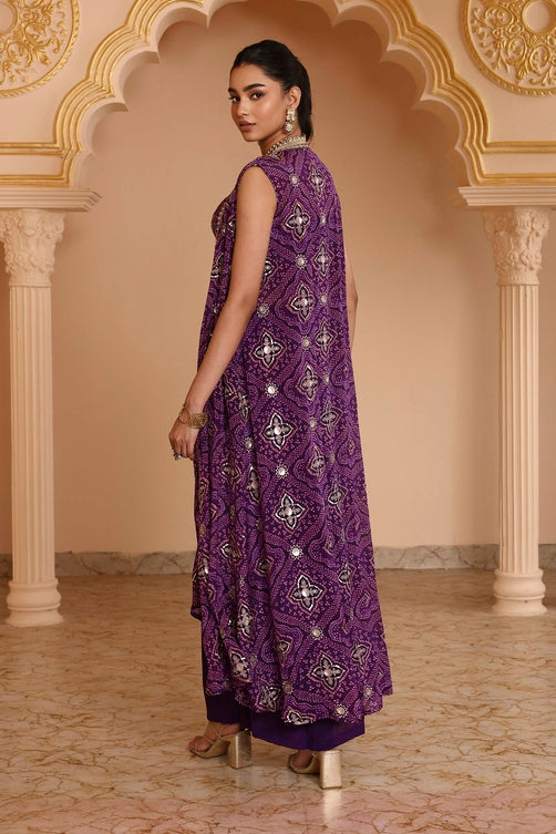 Purple Pure Chinnon Bandhani Printed Fusion Set