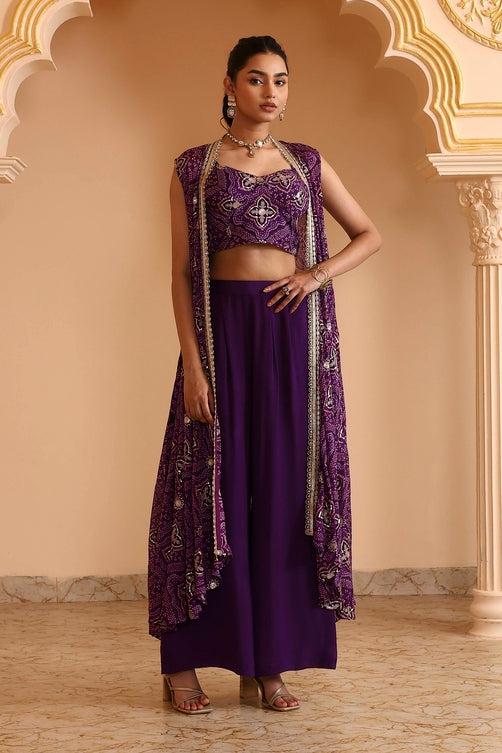 Purple Pure Chinnon Bandhani Printed Fusion Set