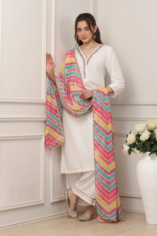 White & Pink Yoke Design Straight Suit Set
