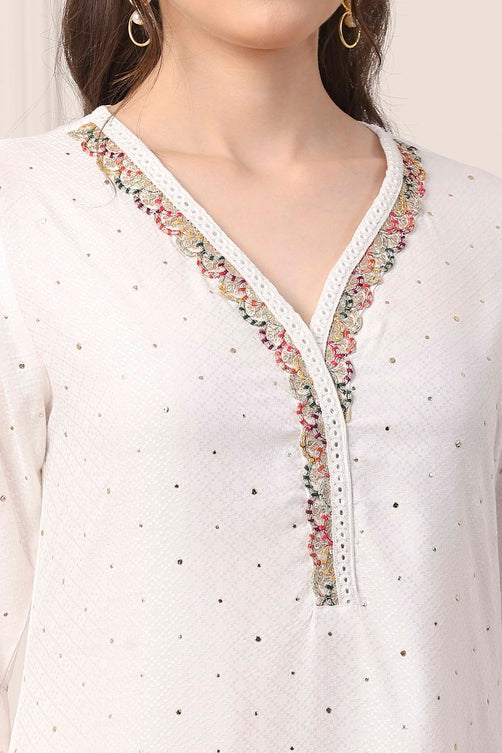 White & Pink Yoke Design Straight Suit Set