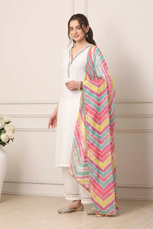 White & Pink Yoke Design Straight Suit Set