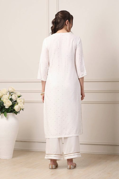 White & Pink Yoke Design Straight Suit Set