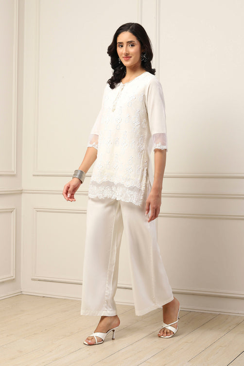 White Cotton Embroidered Schiffli Straight Suit Set