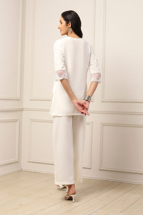 White Cotton Embroidered Schiffli Straight Suit Set
