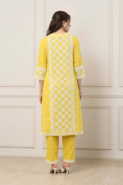 Yellow Cotton Floral Embroidered Straight Suit Set
